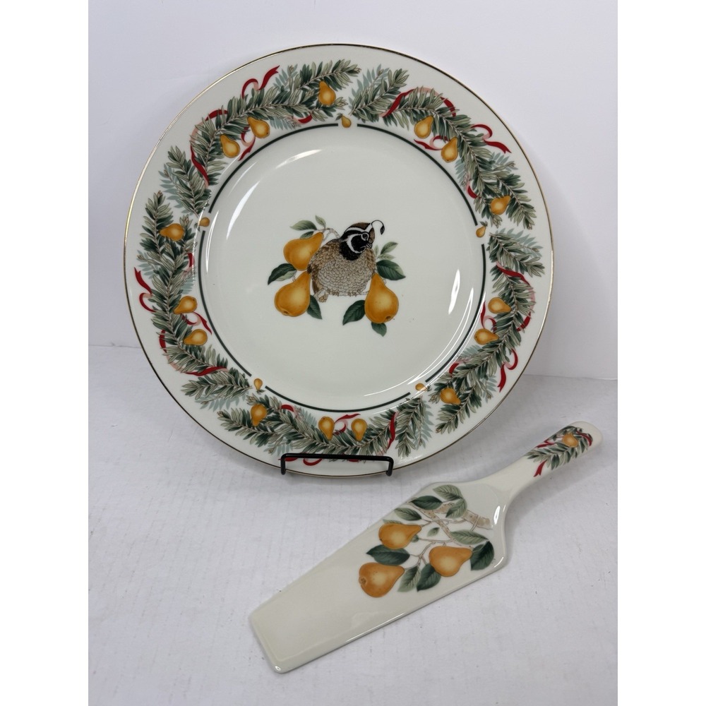 Cake Plate & Server Andrea by Sadek Christmas Partridge Pear Porcelain